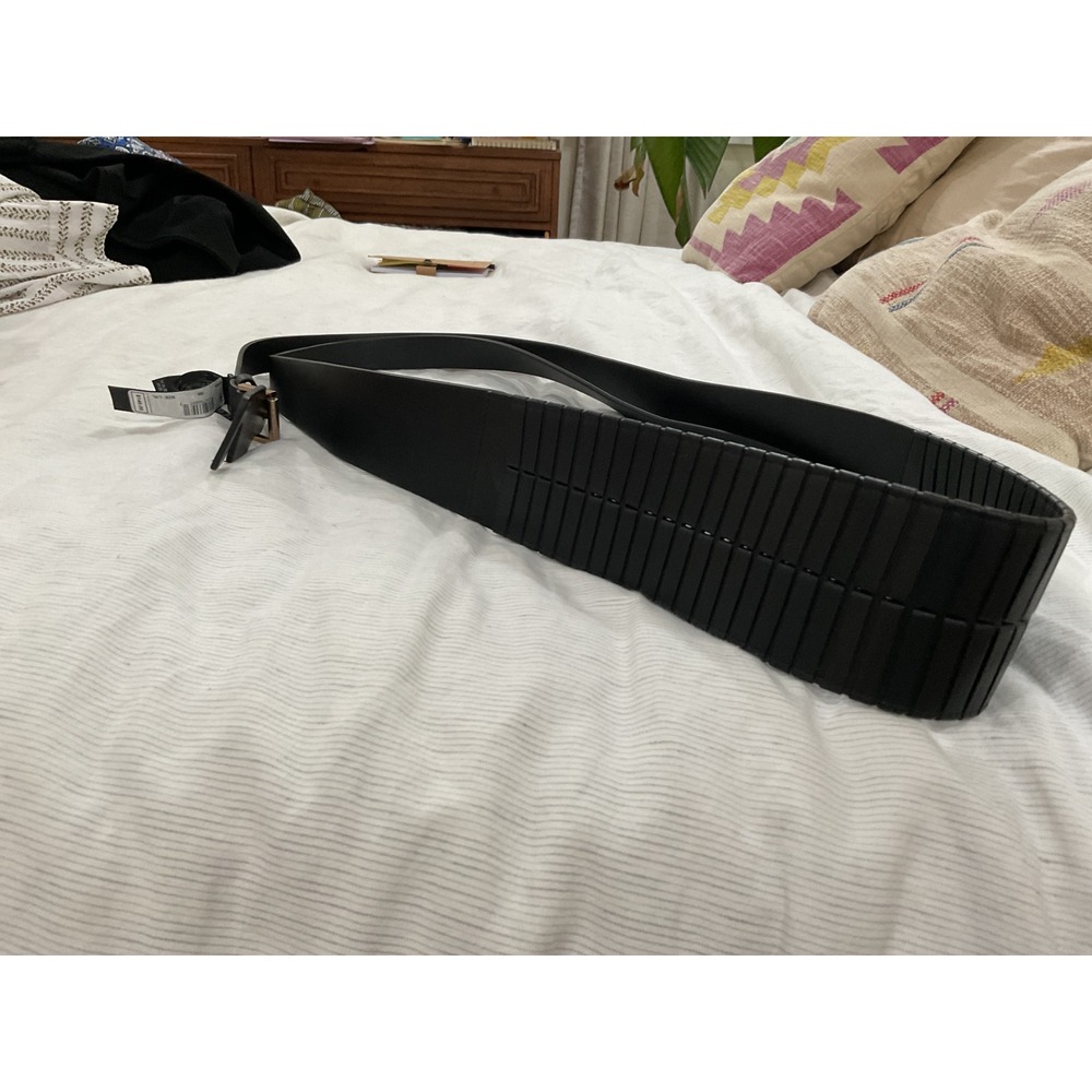 AllSaints Black Leather Ribbed Statement Belt Rose Gold Buckle AS300636 L/XL